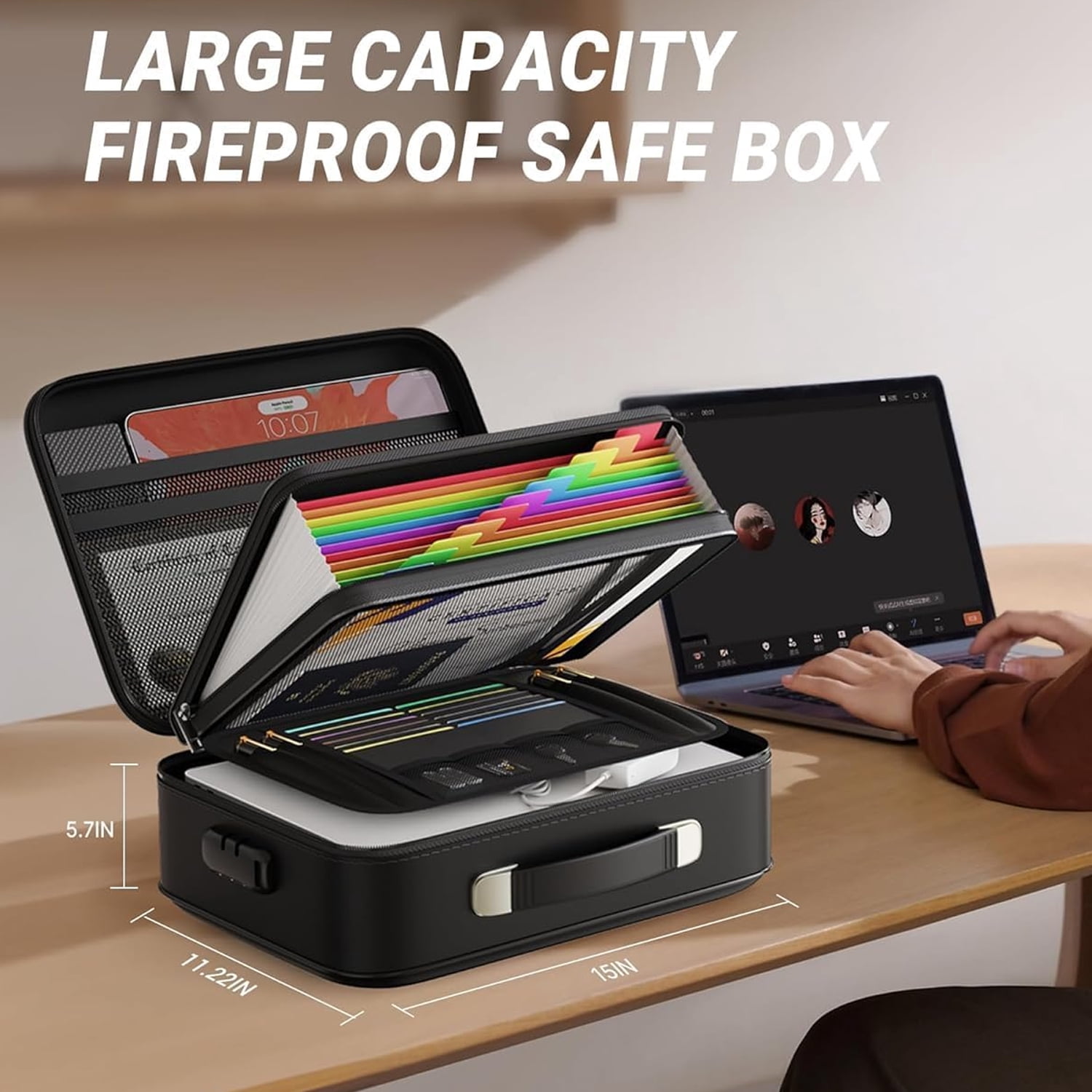ASKITO Fireproof Document Box, Portable Hard Case Fireproof Box with Lock, Fireproof Water Resistant Safe Box File Organizer for Important Documents Certificates Laptop Passports, Black