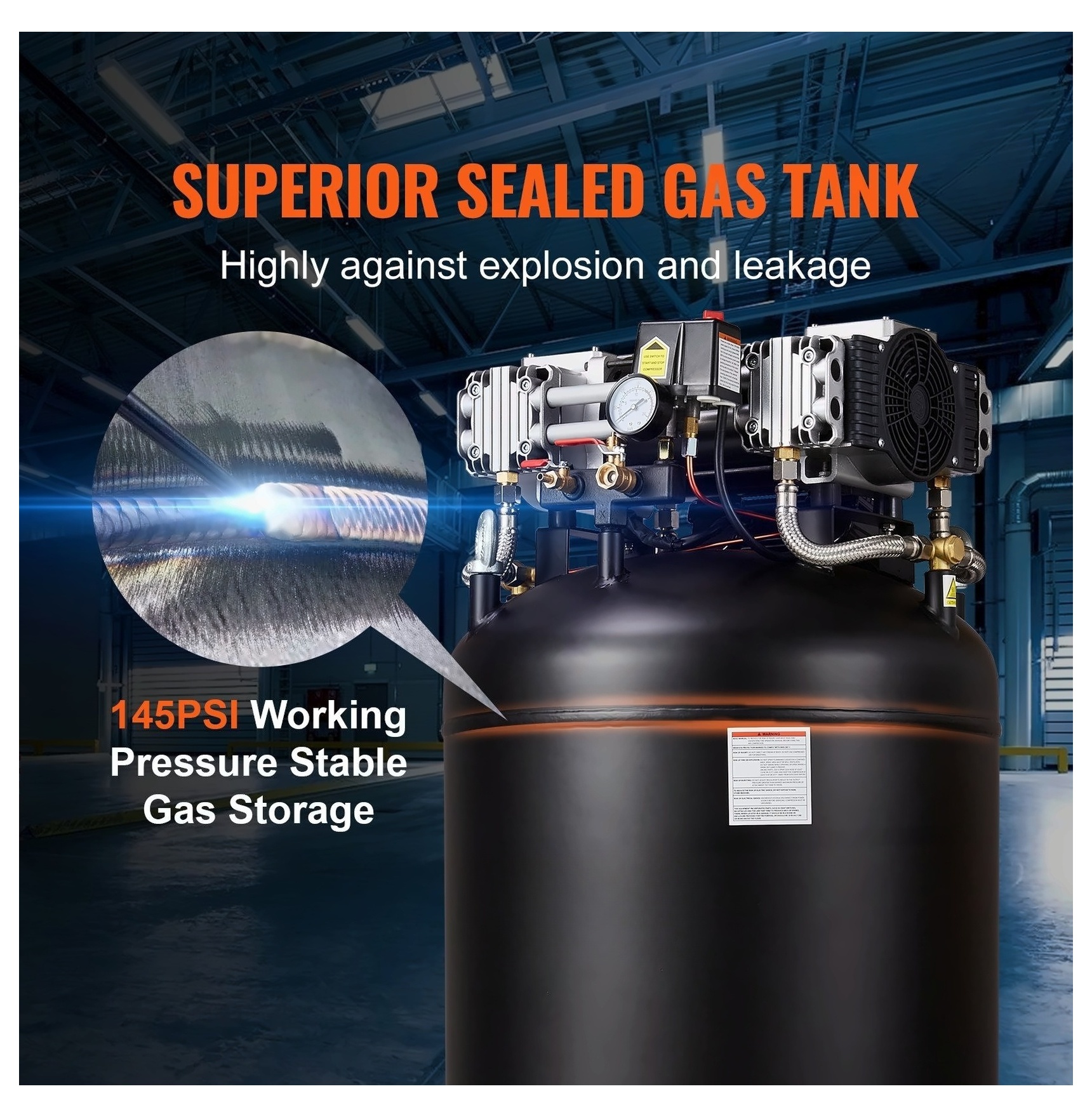 80 Gallon Air Compressor 6.5HP 15.5 SCFM, 2-Stage Oil-Free, 145 PSI - Stationary Industrial Compressor for Workshop, Tire Inflation & Spray Painting