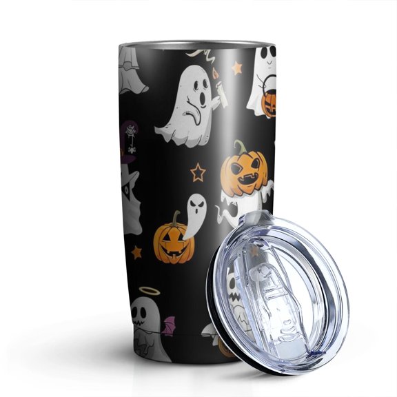 20oz Tumblers Black Halloween Ghosts and Pumpkins Stainless Steel Vacuum Insulated Double Wall Travel Tumbler Cups Mug with Lid and Straw,Cleaning Brush for Cold & Hot Drinks