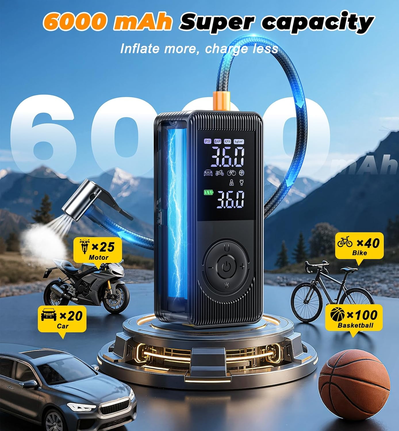 Tire Inflator Portable Air Compressor - 150 PSI 4X Fast Inflation Rechargeable Battery & 12V  Adapter Powered Air Pump for Car Bike Motorcycle Tires Balls with LCD Display, LED Light