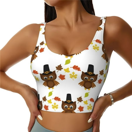 Adobk Colorful maple leaf owl Print Sports Bras for Women Longline Workout Crop Tank Tops Padded with Built in Shelf Padded Sports Bra-X-Large