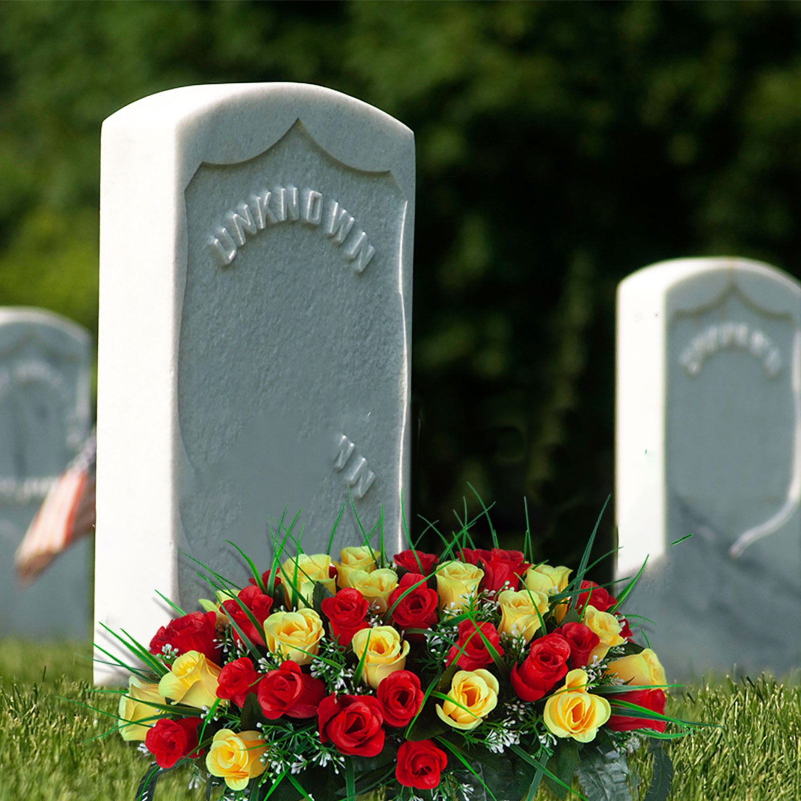 Outdoor Memorial Flower Saddle for Headstones - Large Artificial Cemetery Rose Flowers, Red and Yellow Grave Tombstone Decorations, Durable Grave Decor