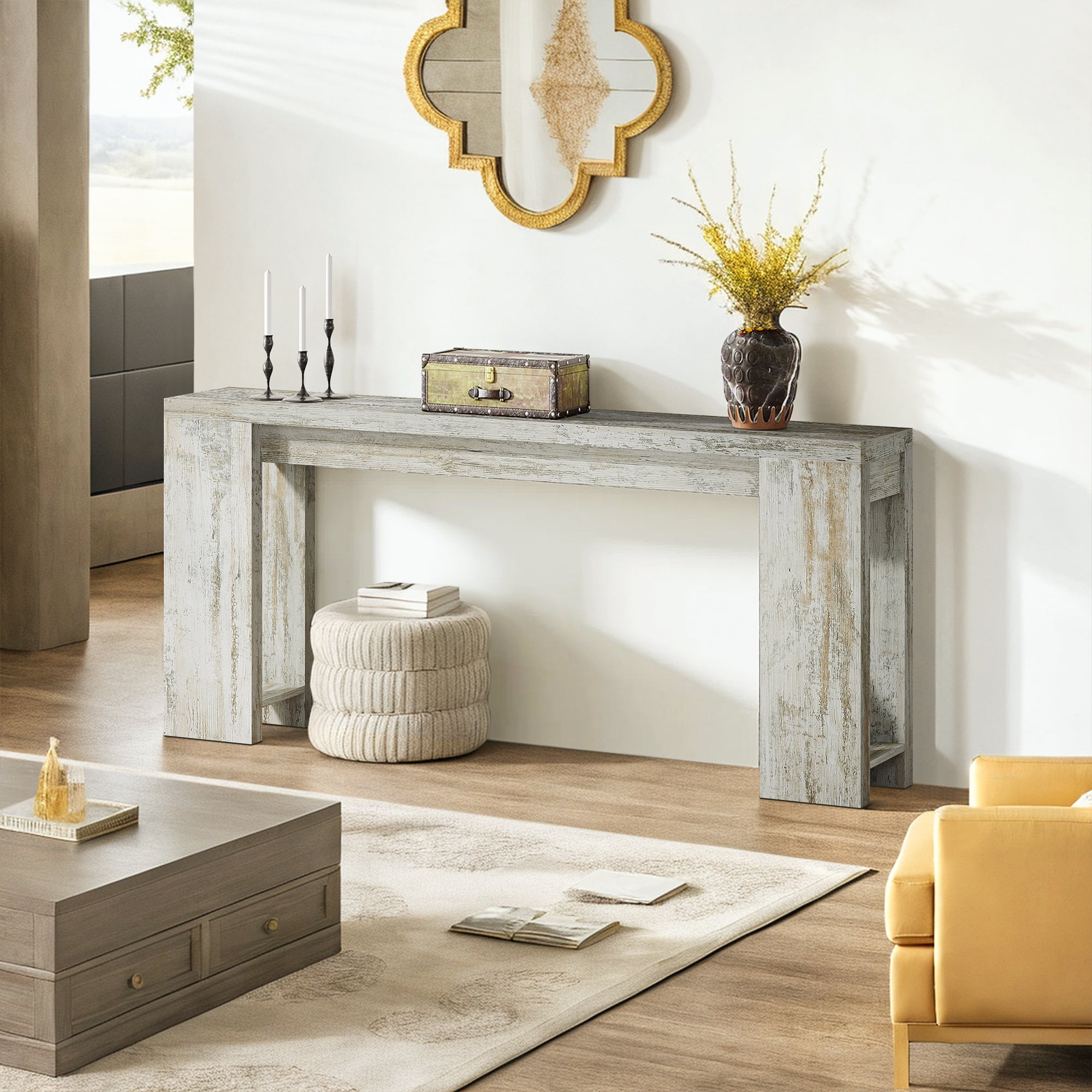 Demi Bonn 70.9" Wood Console Table, Farmhouse Sofa Table Entryway Table with Storage, Foyer Display Table, Light Gray