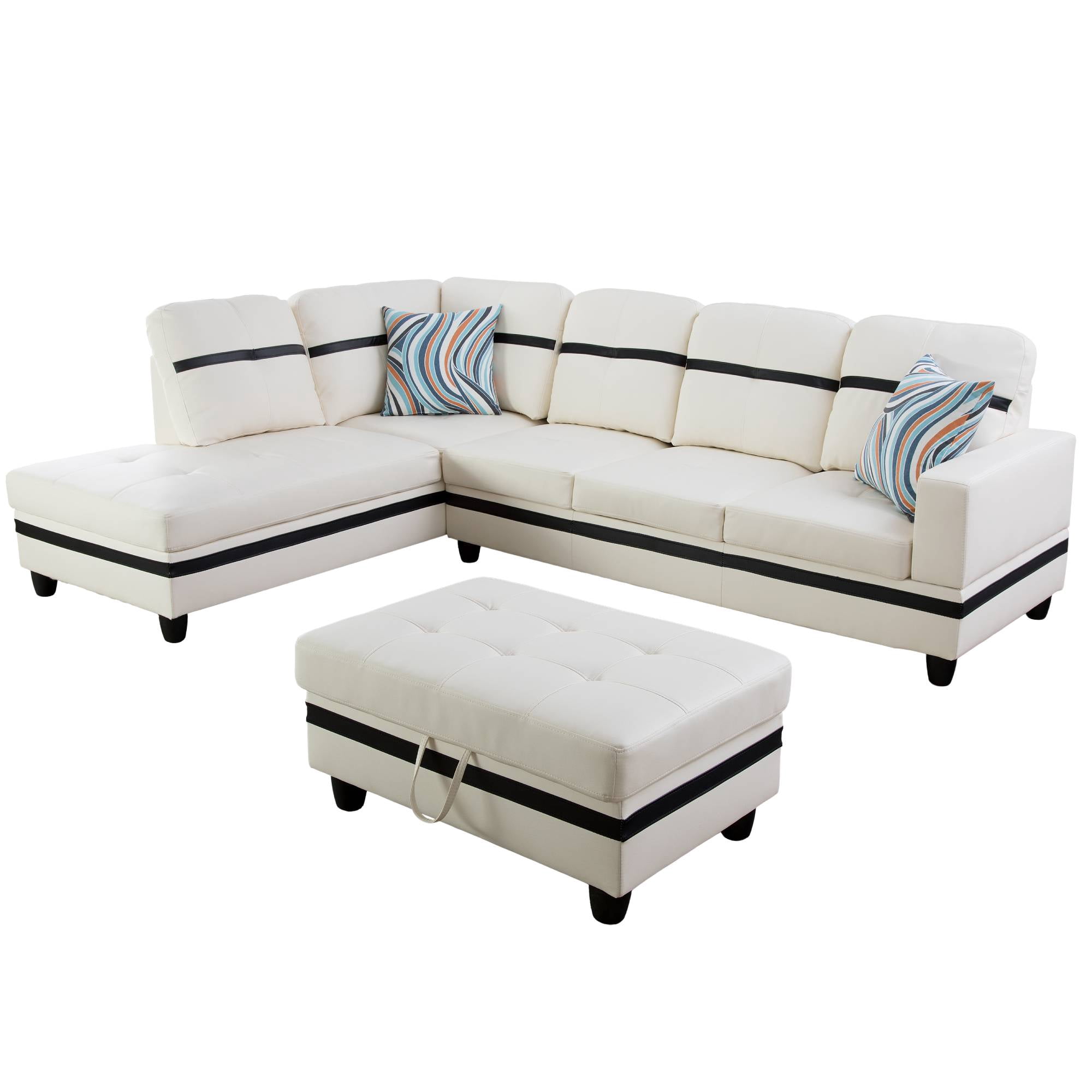 Sectional Sofa Couch, Leather L Shape Sofa Couch Set with Chaise and Storage Ottoman for Living Room, White