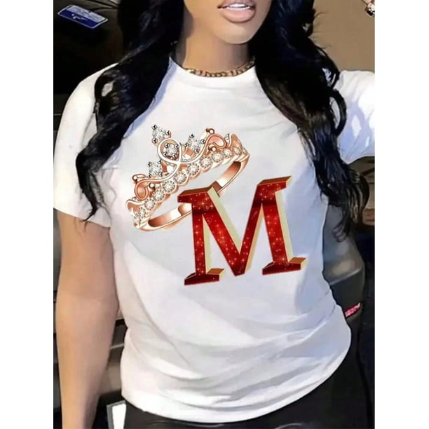 M Letter & Crown Graphic Print T-shirt, Short Sleeve Crew Neck Casual Top For Summer & Spring, Women's Clothing