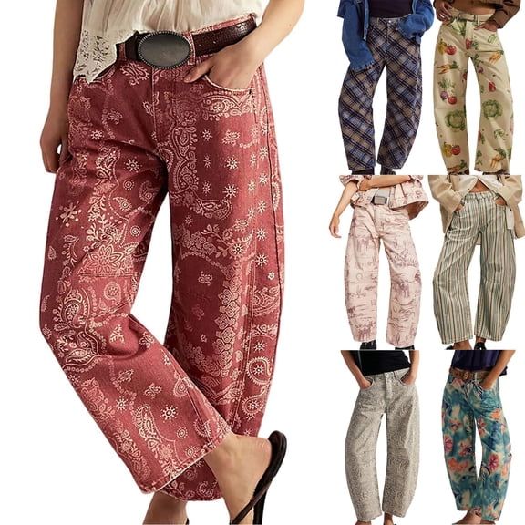 Women's Baggy Barrel Jeans Print Denim Ankle Pants Wide Leg Patchwork Style
