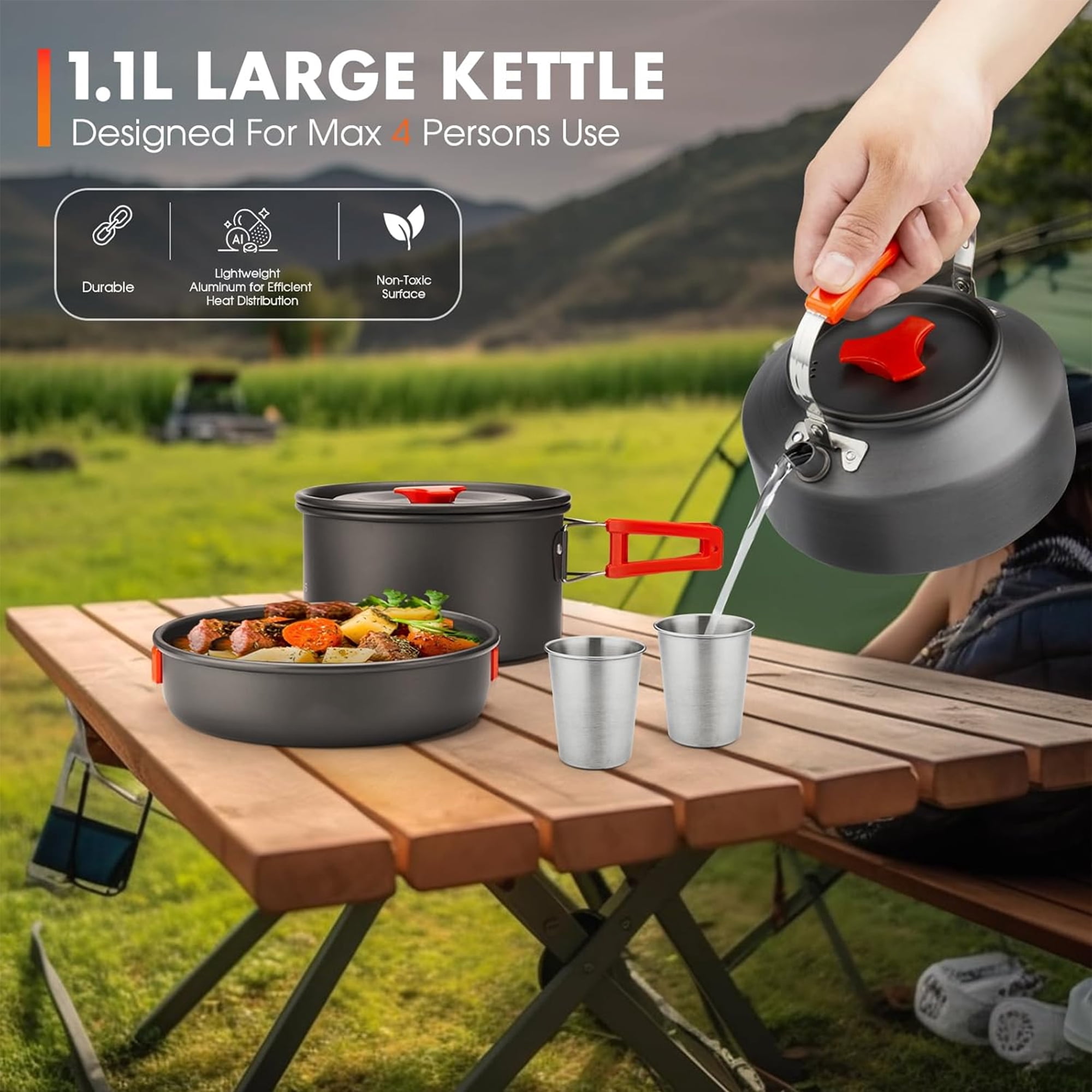 17pcs Camping Cookware Kit, 0.45Gal Pot, 7" Pan, 0.30Gal Kettle Set with 2 Set Stainless Steel Cups Plates Forks Knives Spoons for Hiking