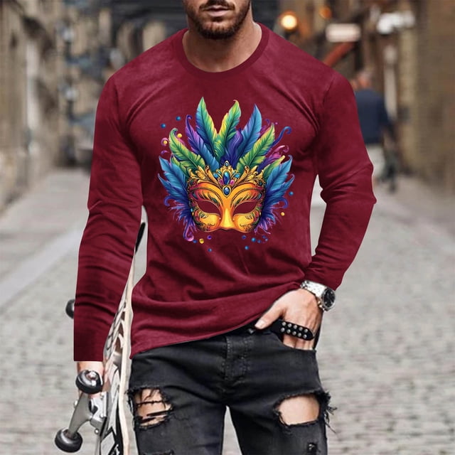 TIMIFIS Chemises à Manches Longues pour Hommes Mardi Gras Mode Décontractée Carnaval Imprimé Col Rond T-Shirt Léger Pull Tops de Fête