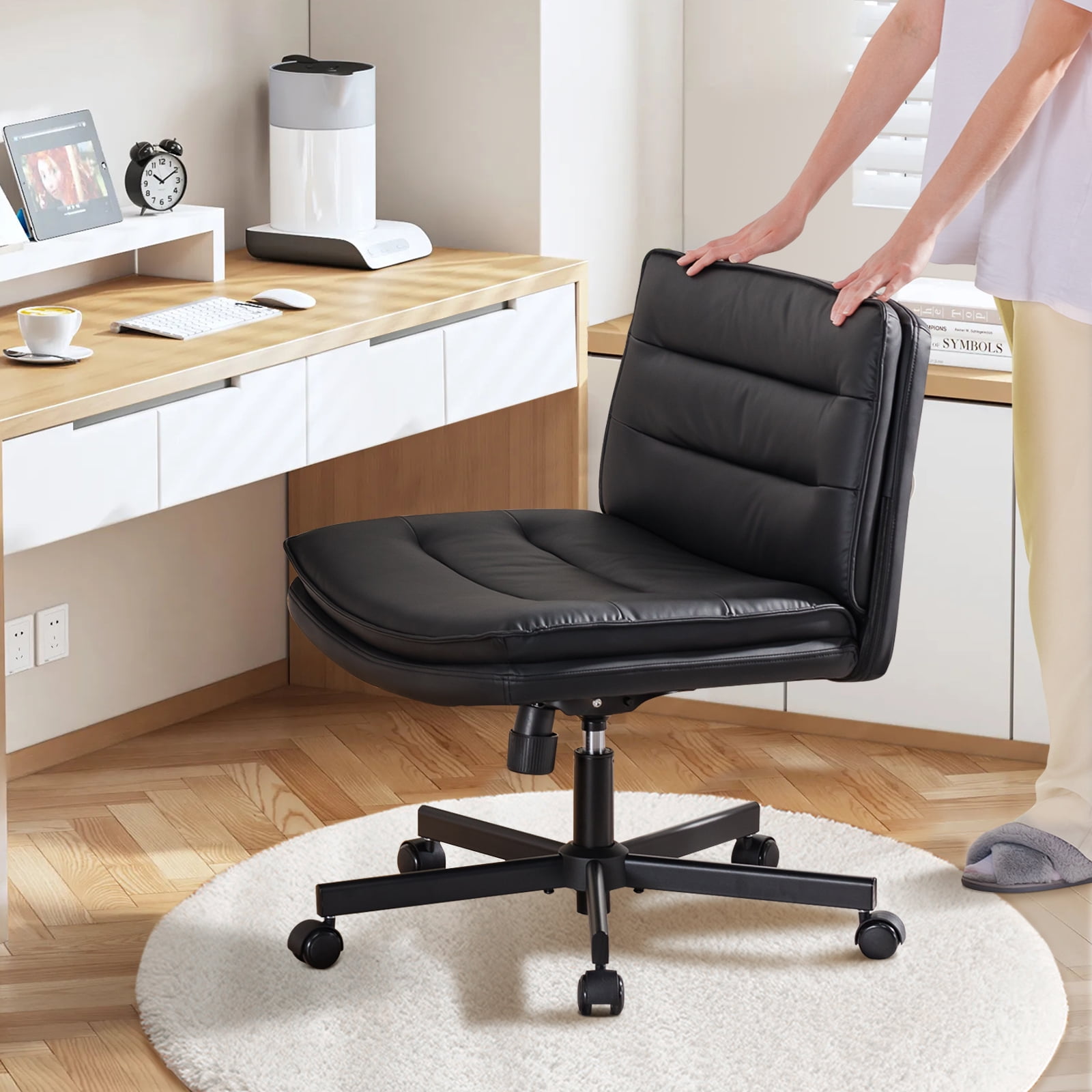 COMHOMA Armless Office Desk Chair, Criss Cross Swivel Chair with Wheels, Wide Seat Adult Vanity Chair for Home Office , Black
