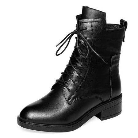 

BELLZELY Wide Width Women Shoes Clearance Women s New Plus-size Fashion Soft Leather Lace-up Leather Low-heeled Mid-calf Boots