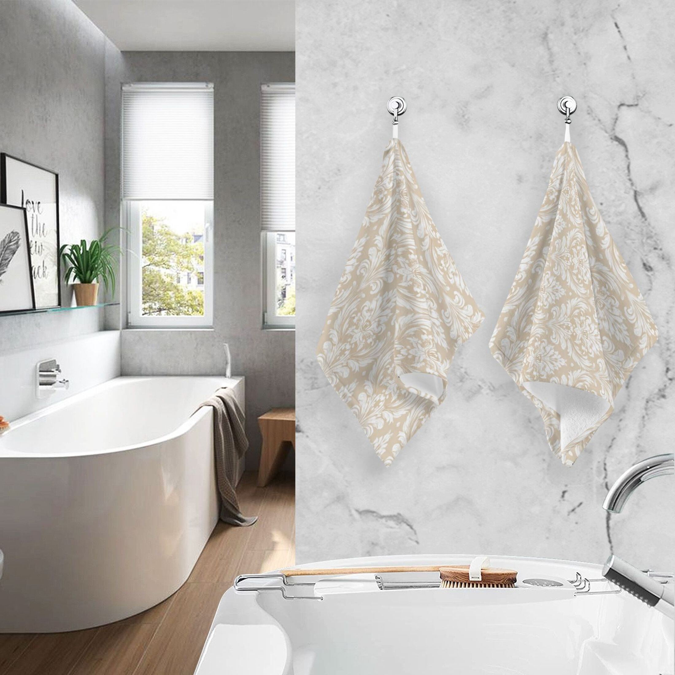 2 Pieces of Cotton Towel Face Towel Set Hand Towel Bath Towel Cotton Bath Towel Sets Cream Damask Timeless Motif