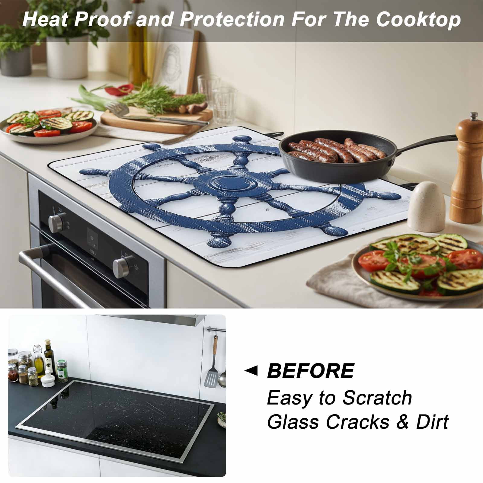 Blue Coastal Stove Top Cover for Electric Stove, Heat-proof & Non Slip Glass Top Stove Cover Protector, Nautical Summer Beach Ocean Kitchen Flat Cooktop Rubber Mat 31x24 Inches