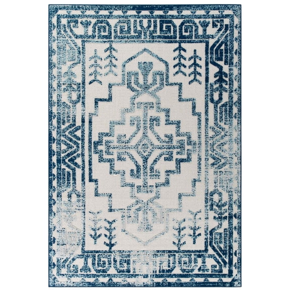 Ergode Reflect Nyssa Distressed Geometric Southwestern Aztec 5x8 Indoor/Outdoor Area Rug - Ivory and Blue