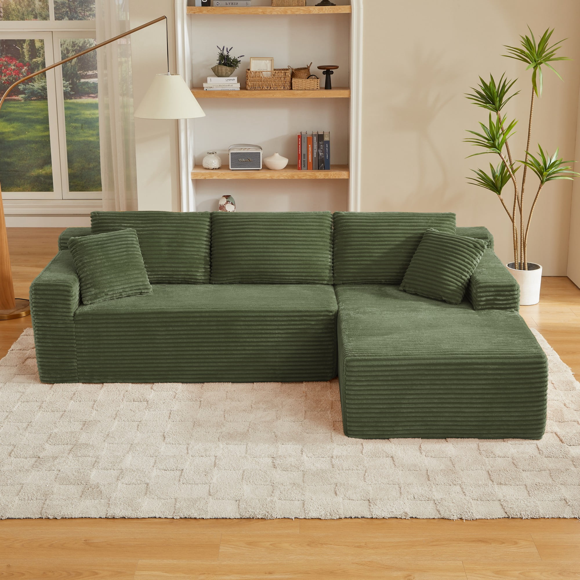 Aukfa 103" Modular Cloud Sectional Sofa, L-Shaped Boneless Couch with Right-Facing Chaise, Deep Seat Corduroy Sleeper Sofa for Living Room, Green