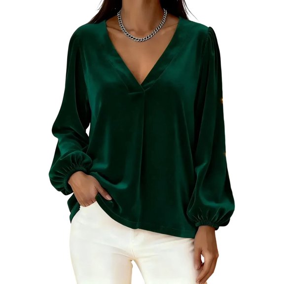 Women's V Neck Velvet Tops 2026 Elegant Puff Long Sleeve Blouses Loose Fit Dressy Casual Pullover Work Shirts