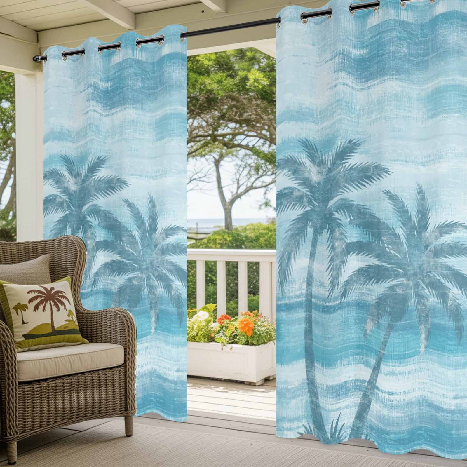 Summer Beach Palm Tree Outdoor Curtains for Patio, Coastal Nautical Tropical Ocean Blue Trees Leaf Sunshade Privacy Drapes Grommet Waterproof Outside Curtains for Porch Balcony 54"x108", 1 Panel