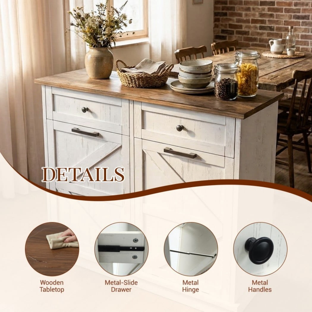 Double Tilt Out Trash Can Cabinet, 2 x 10 Gallon Garbage Can Storage with 2 Drawers, Freestanding Kitchen Recycling Cabinet for Laundry Room, Brown+Distressed White