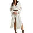 thumbnail image 6 of Women's Button Up Shirt Long Dress Evening Fall Outfit Long Sleeve V Neck Solid Color Pleated Tunic Dress Streetwear-a-L, 6 of 7