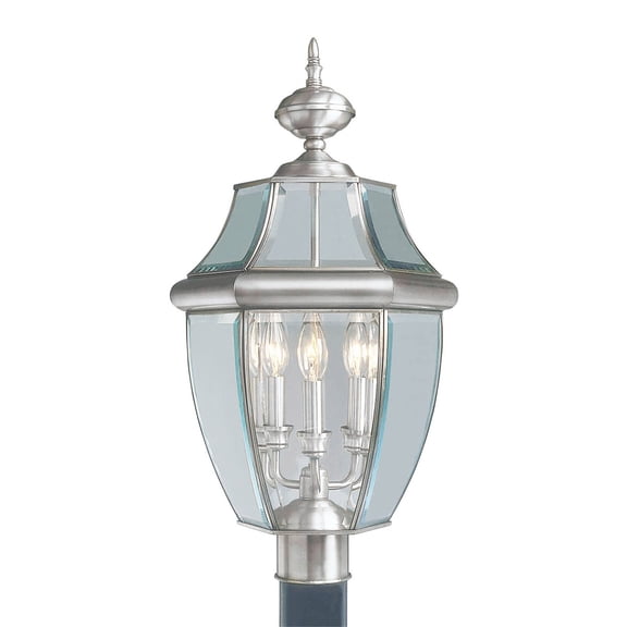 3 Light Brushed Nickel Outdoor Post Lantern Pendant Lighting Fixture with Clear Beveled Glass Shade backed with Hand Crafted Solid Brass material for patio, front porch, entryway and more