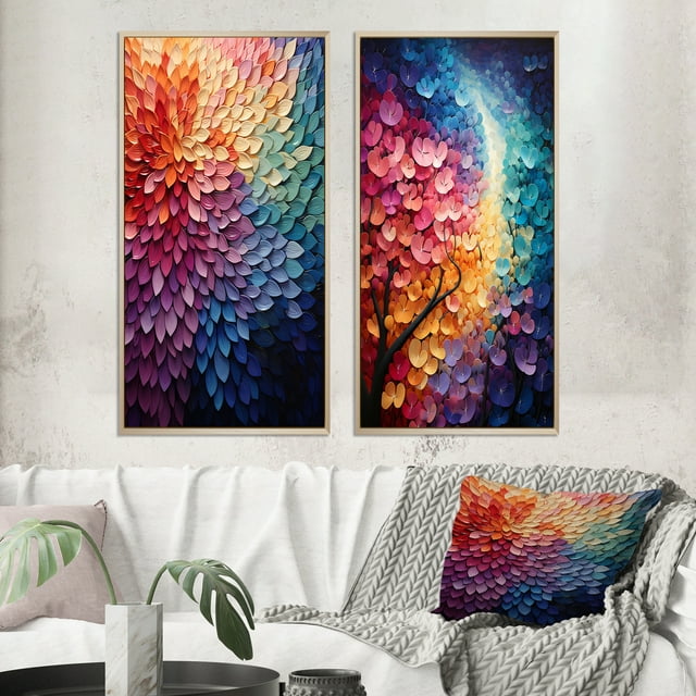 Designart "Harmony in the Colorful Forest II" Pointillism Framed Wall Art Set Of 2 - Multi-Color Abstract Framed Canvas Set For Living Room Decor