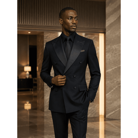 Men's Black Double-Breasted Satin Tuxedo Blazer with Peak Lapel for Wedding, Prom and Formal Events