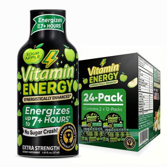 Vitamin Energy Sour Apple Extra Strength Energy Shot, 12 Pack - 260mg Natural Caffeine, Beta-Alanine Electrolytes, Zero Sugar, 1.93 fl oz