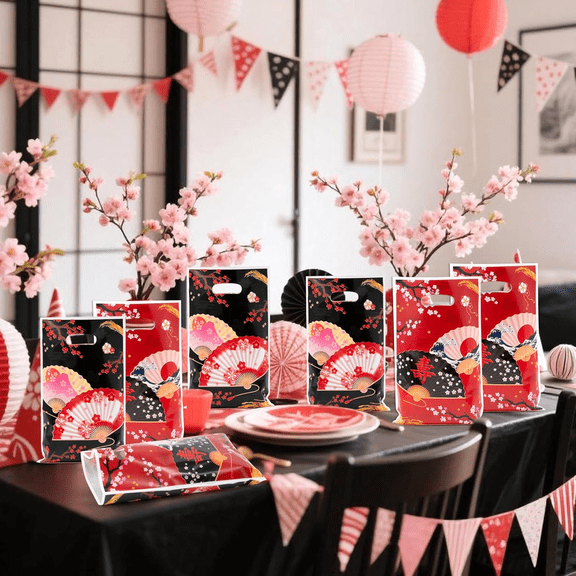 Laffact Japanese Cherry Themed Party Favor Bag, Goodie Bag with Handle for Party Return Gift Giving,50pcs