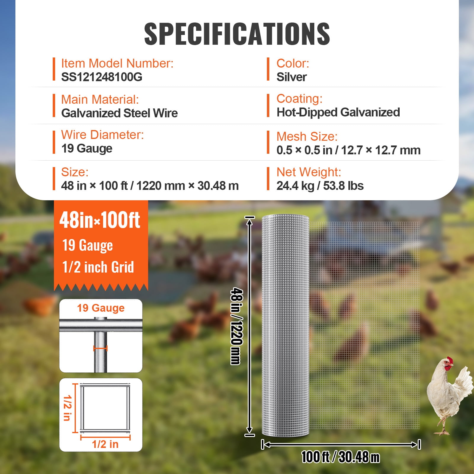 KFFKFF Galvanized Wire Mesh, 1/2 Inch by 48 Inch by 100 Feet, 19 Gauge - Ideal for Chicken Coops, Rabbit Enclosures, Garden Protection, and Small Animal Barriers