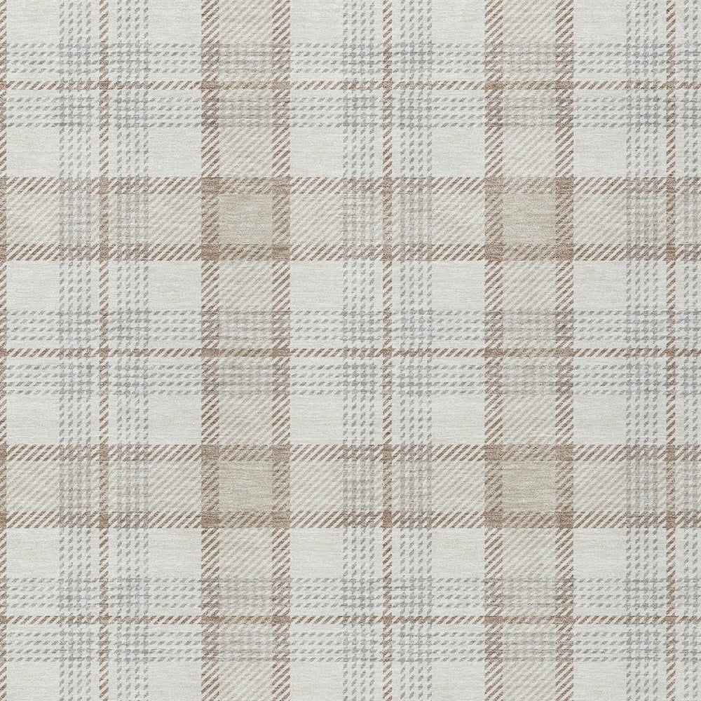 9' X 12' Linen And Brown Plaid Washable Indoor Outdoor Area Rug