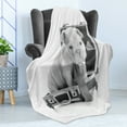 thumbnail image 4 of English Bulldog Soft Flannel Fleece Throw Blanket, Tie Wearing Puppy Sitting Inside a Briefcase Greyscale Illustration, Cozy Plush for Indoor and Outdoor Use, 60" x 80", Grey Pale Grey, by Ambesonne, 4 of 5