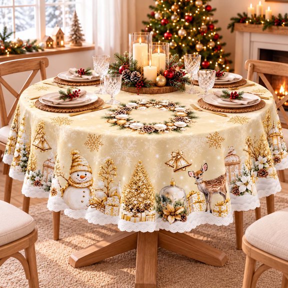 Christmas Tablecloth Round 60 Inch, Holiday Dining Table Cover, Festive Christmas Table Decor for Kitchen Home Party