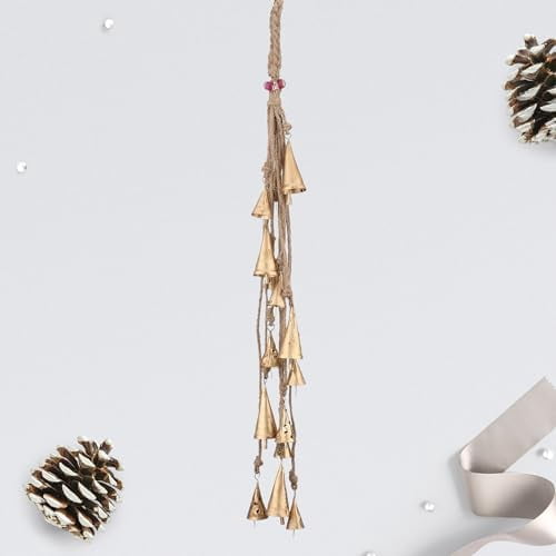 Handmade Hanging Bells Wind Chimes 27 Inch– Vintage Cow Bells on Jute Rope, Rustic Tin Bells for Christmas, Home Decor, Boho Wind Bells for Holiday, Farmhouse, Wreath, Outdoor & Indoor