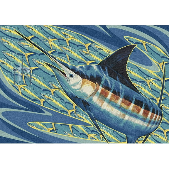 Milliken Blue Nautical Fish Waves Area Rug Blue Runner - Aprx 5' 4" x 7' 8"