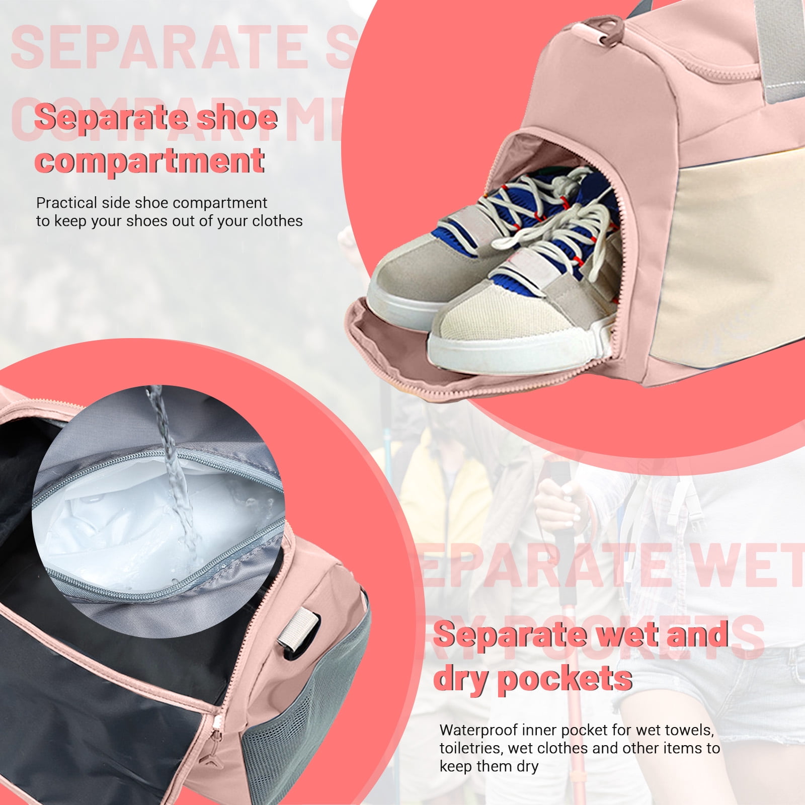 Sports Gym Bag with Wet Pocket & Shoe Compartment, Waterproof Travel Duffel Bags for Women Men, Weekender Carry on Overnight Tote Workout Bag for Yoga Swimming Hospital (Pink)