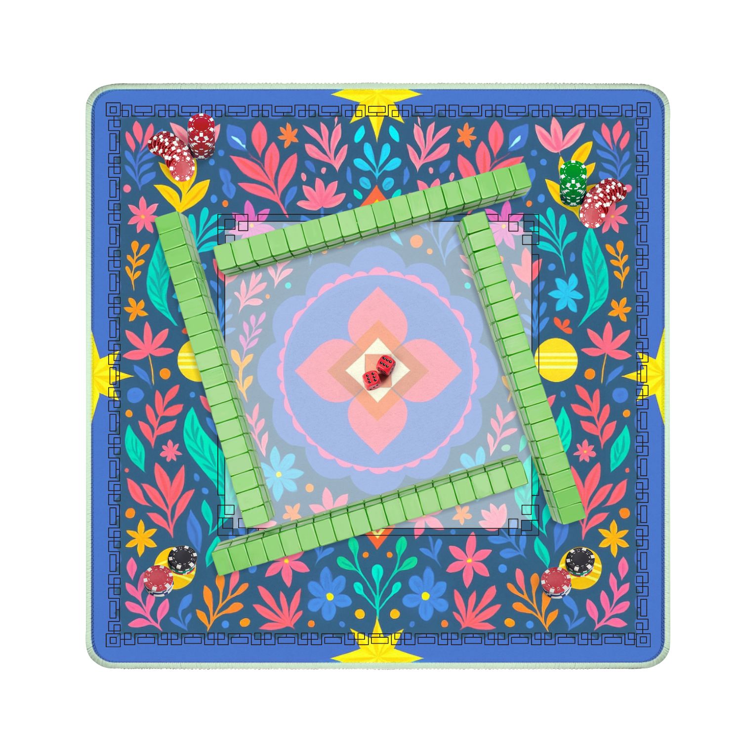 Mahjong Mat 31.5" x 31.5" Vibrant Floral Geometric Center Bright Colors Intricate Anti-Slip and Noise Reduction Symmetry Design Mahjong Tiles Table Cover for Dominoes Poker Card Board and Tile Games