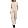 thumbnail image 2 of Athletic Outfit Sets 2 Piece Women Solid Oversized Crew Neck Short Sleeve Top Drawstring Wide Leg Pants Beige M, 2 of 8