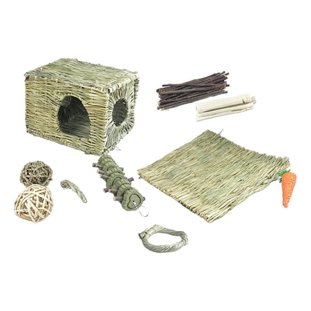10 Pieces Durable Bunny Chew Toys Bedding Nest Pet with Grass Balls Wood Tree Branch for Hamster Care Chewing Bunny Chinchilla