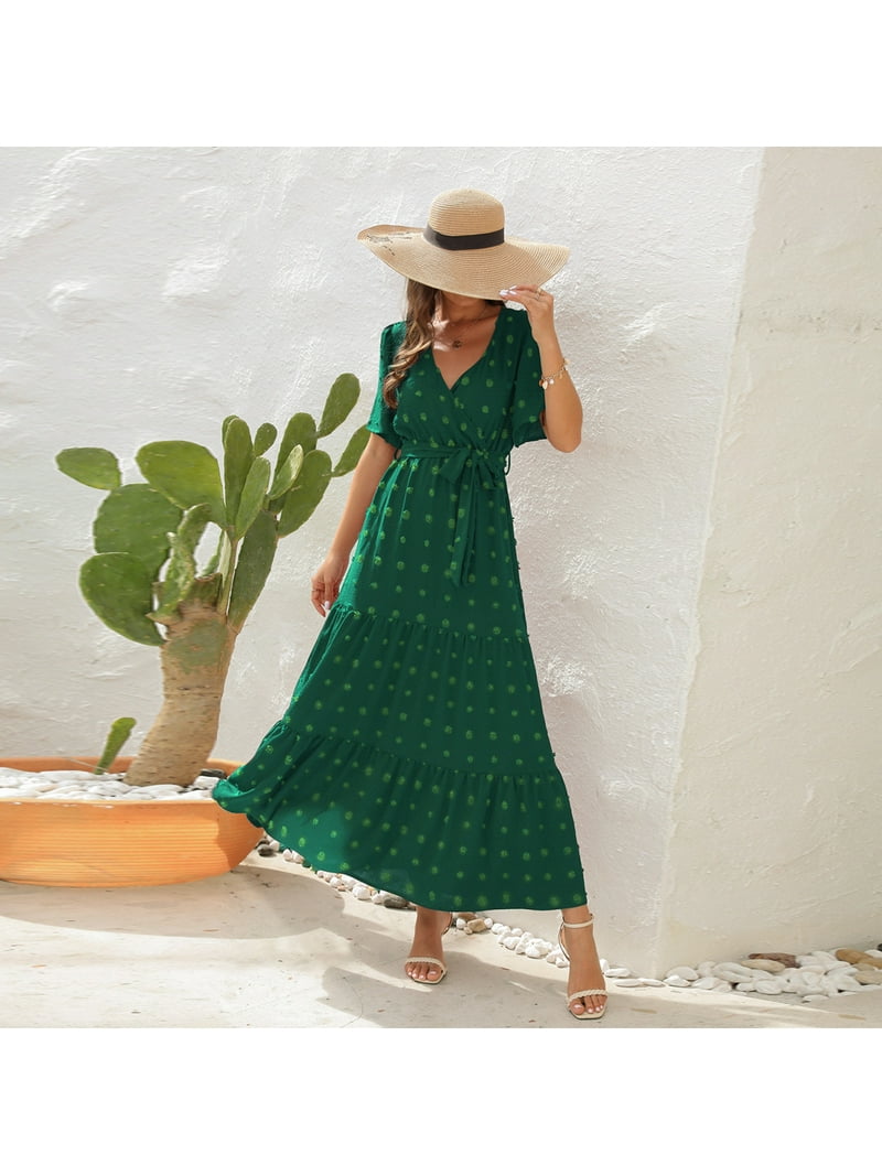 IWEMEK Women Dresses Swiss Dot Long Summer Dress Wrap V-Neck Sun Tie Belt Comfort Color Dark Green Spring Dresses 2025 IWEMEK Women Dresses Swiss Dot Long Summer Dress Wrap V-Neck Sun Tie Belt Comfort Color Dark Green Spring Dresses 2025