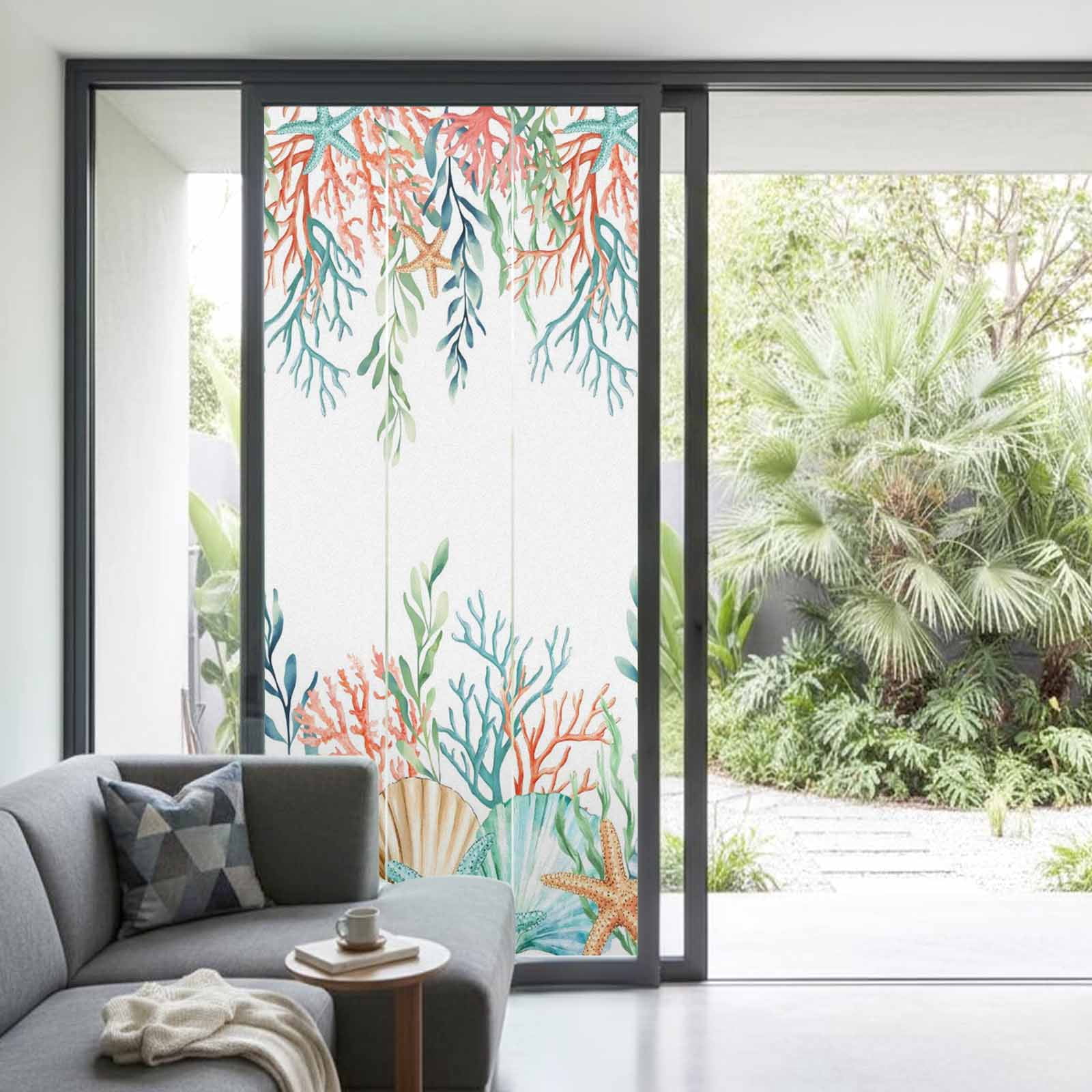 Marine Life Window Privacy Film,Nautical Underwater Coral Shell Starfish Watercolor Static Cling UV Sun Blocking Window Tint Day and Night,Non-Adhesive One Way Privacy Cover 35.4''x78.7''