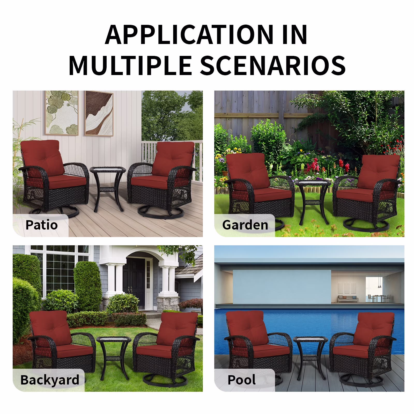 thumbnail image 4 of 3 Piece Outdoor Swivel Rocker Chairs, Swivel Glider Patio Chairs, Heavy Duty Patio Chairs 400 lbs with Side Table, Red, 4 of 12