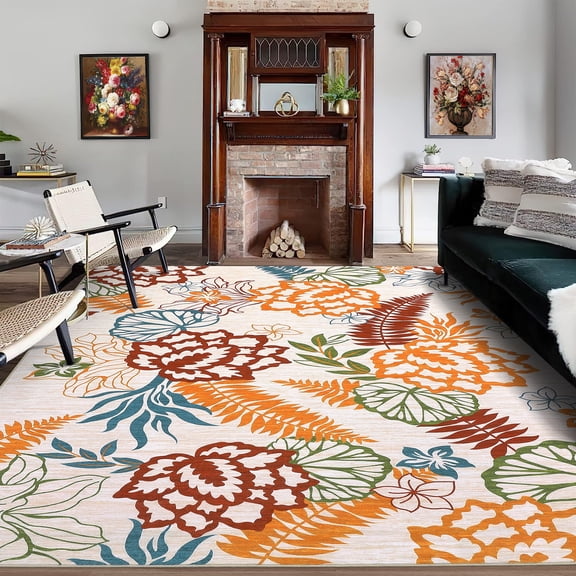 Hasoo 8' x 10' Large Area Rug Non-slip Washable Floral Printed Rug for Living Room Bedroom Orange