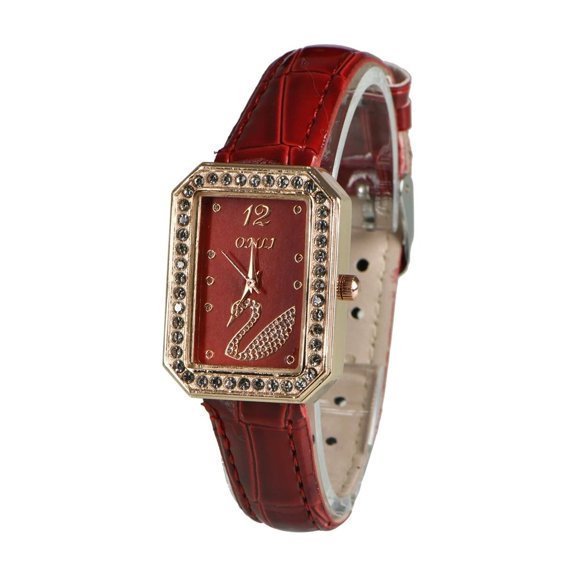 LUOLAX Elegant Women Watches Quartz Analog Wristwatch Wine Red Leatheroid Diamond Watch