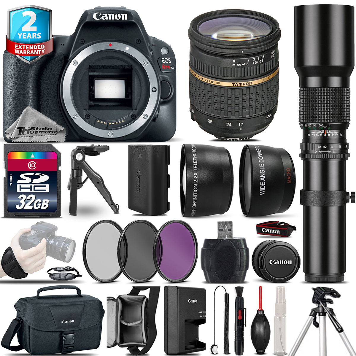 Canon EOS Rebel SL2 Camera + 1750mm + 500mm 4 Lens Kit 32GB Kit +2yr