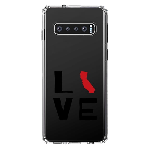 DistinctInk Clear Shockproof Hybrid Case for Samsung Galaxy S10 (6.1" Screen) - TPU Bumper Acrylic Back Tempered Glass Screen Protector - California - Love Black & Red