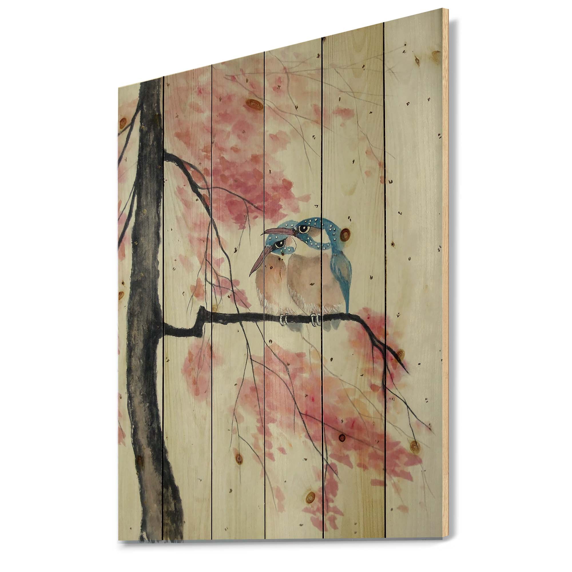 Designart 'Two Blue Kingfisher Birds Sitting On A Flowering Branch' Traditional Print on Natural Pine Wood