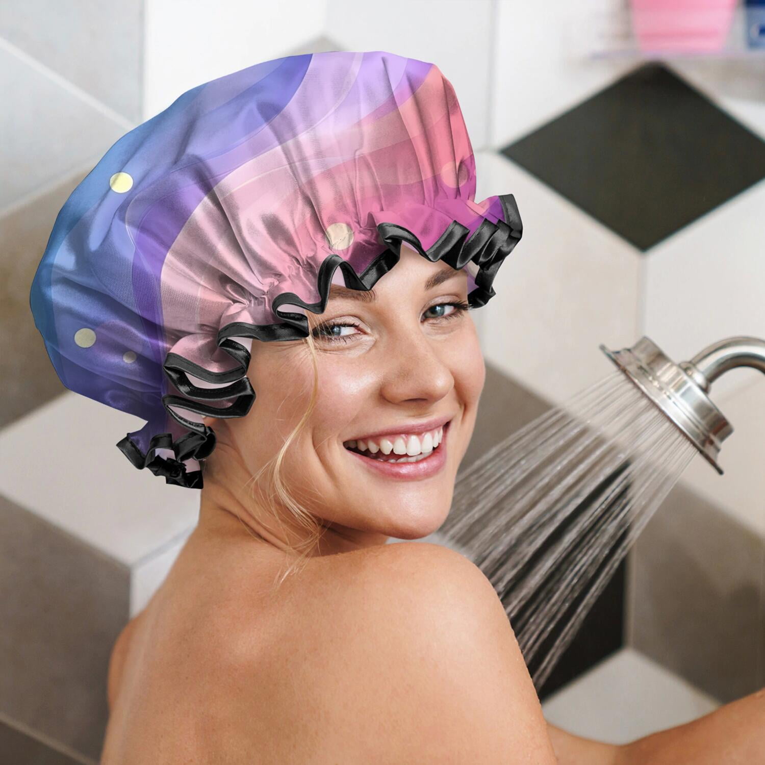 Shower Caps,Rainbow Tie Dye Wave Pattern Waterproof Shower Cap for Women 4 Pieces,Double Reusable Hair Cover for Shower PEVA Elastic Stretch Hem