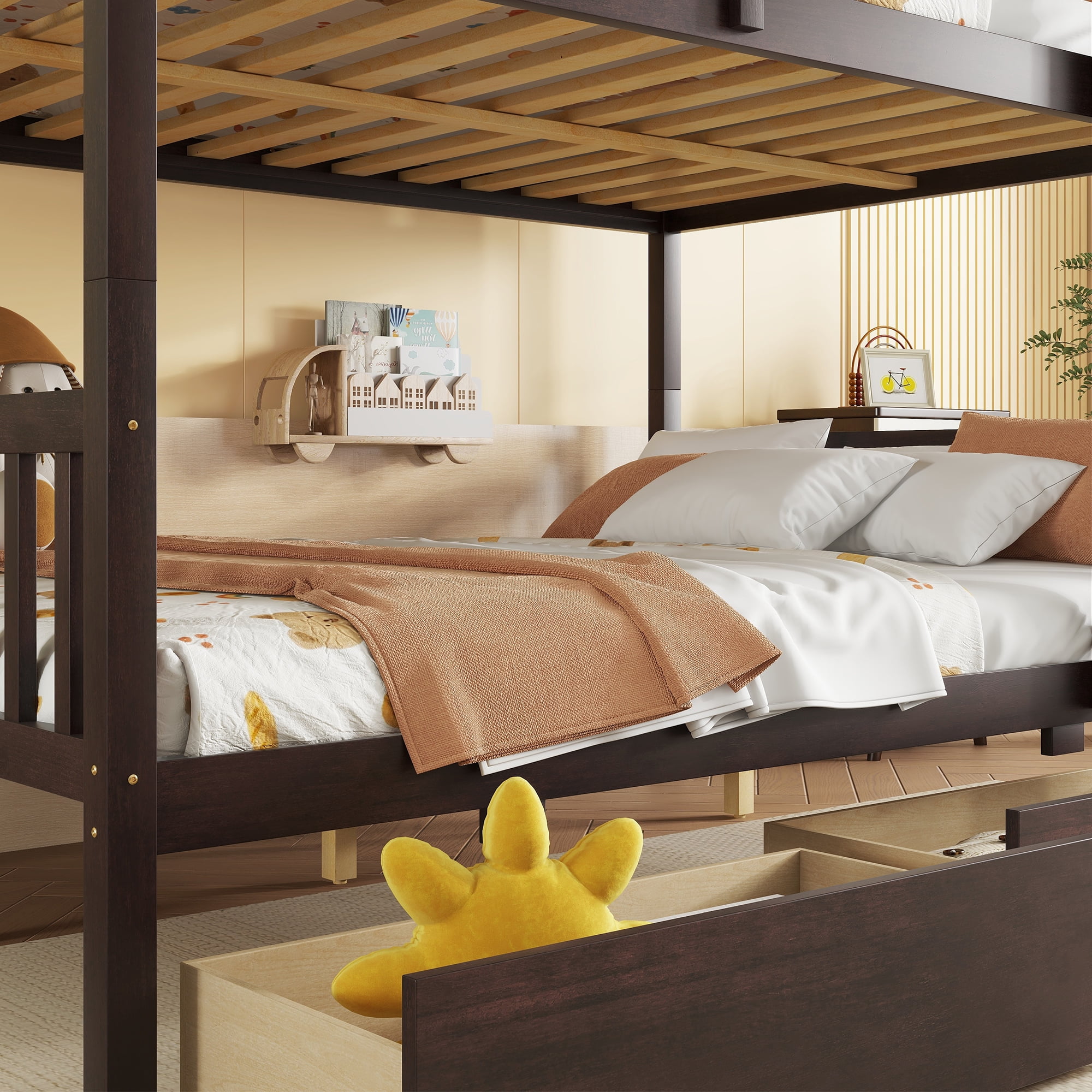 Sailvan full Over full Rubber Wood Bunk Bed with 2 Drawers, Convertible into 2 full Beds with Ladder