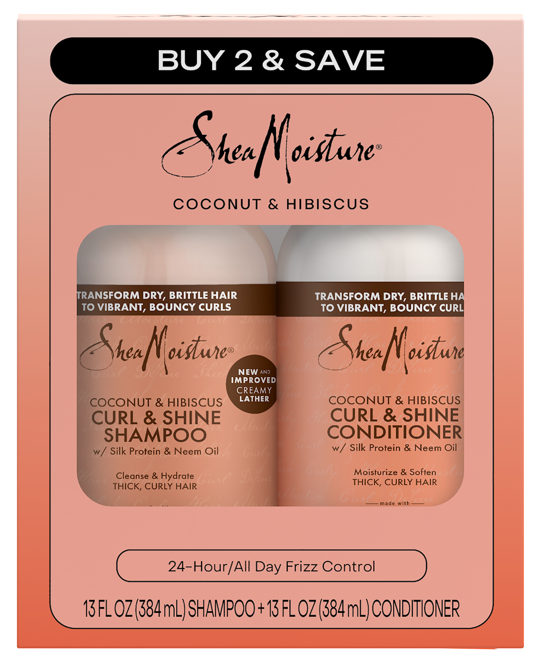 SheaMoisture Coconut & Hibiscus Curl & Shine Shampoo & Conditioner Set for Curly & Textured Hair, 13 oz 2 Count