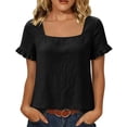 thumbnail image 2 of QUNYINEY Black Women T Shirts Cotton Linen Short Sleeve Summer Tunic Tops Loose Fit Casual Ruffle Square Neck Pullover Shirts, 2 of 7