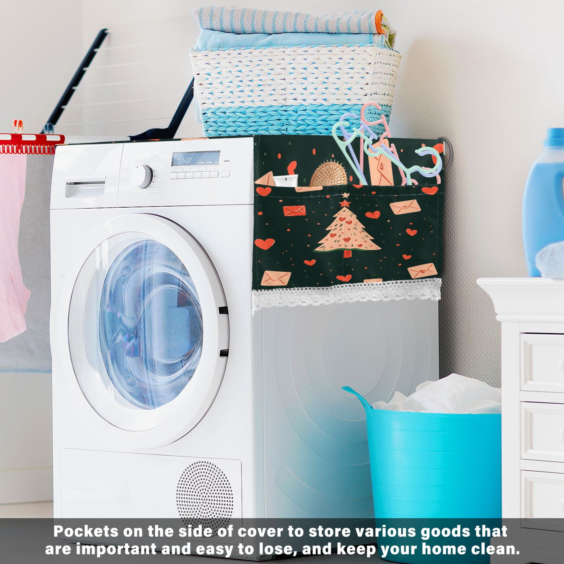 Christmas TreeWasher and Dryer Covers Dust-Proof and Oil Resistant Fridge Cover with 4 Storage Pockets Washing Machine Top Cover for Laundry Kitchen Home 51.2 x 22 In